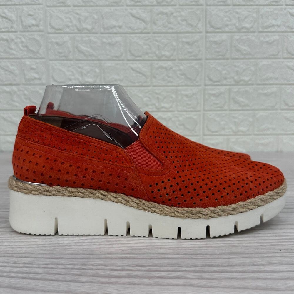 Franco Sarto Serla 2 Shoes WMNS 8.5M Red Suede Perforated Wedge Loafer Jute Trim